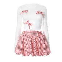Conjunto De Vestido Y Mini Falda Cutenova 2024 Nueva Colección Con Lazo En La Cintura Y Estampado De Cuadros Para Mujer Joven Estilo Dulce Y Sobrio - details 4