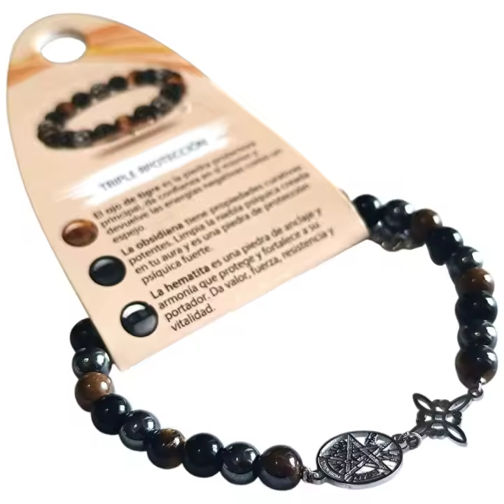 Pulsera de Protección con Nudo de Bruja, Tetragramatón y Piedras Naturales como Ojo de Tigre, Obsidiana y Hematite fabricada en Hilo De Acero - 1