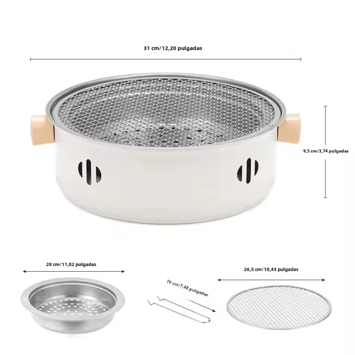 Parrilla De Barbacoa Portátil De 28cm Para Hogar Y Camping Carboncillo BBQ Estilo De Malla Sin Humo Con Asa De Madera Acero Inoxidable Fácil De Limpieza - 1