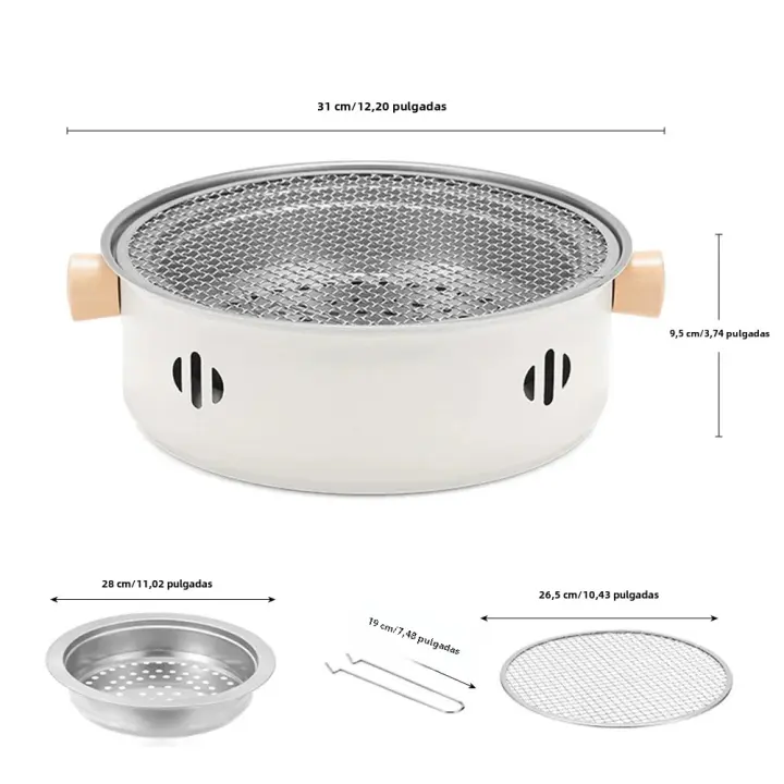 Parrilla De Barbacoa Portátil De 28cm Para Hogar Y Camping Carboncillo BBQ Estilo De Malla Sin Humo Con Asa De Madera Acero Inoxidable Fácil De Limpieza - 1