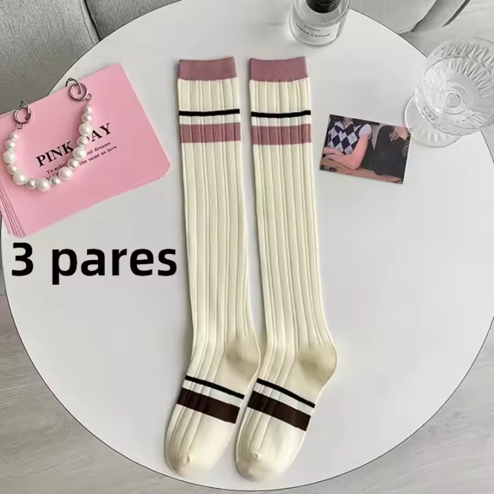 3 Pares De Medias Largas De Punto Para Mujer En Colores Rosados Estilo Universitario Cómodas Transpirables Absorbentes De Sudor Casual - 1
