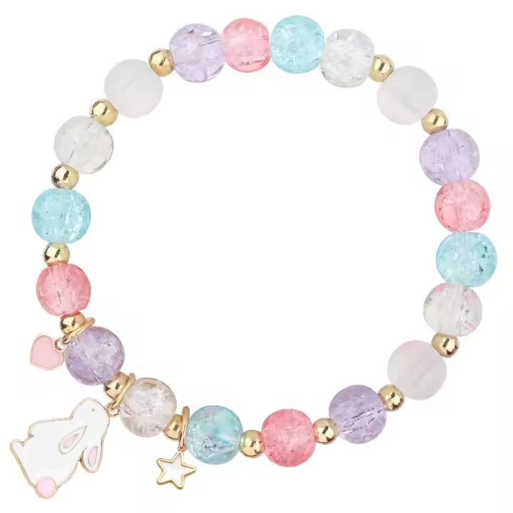 Pulsera de Cuentas Agrietadas en Púrpura y Rosa - Regalo de Pascua para Adolescentes con Detalles de Conejo y Cuentas Doradas - 1