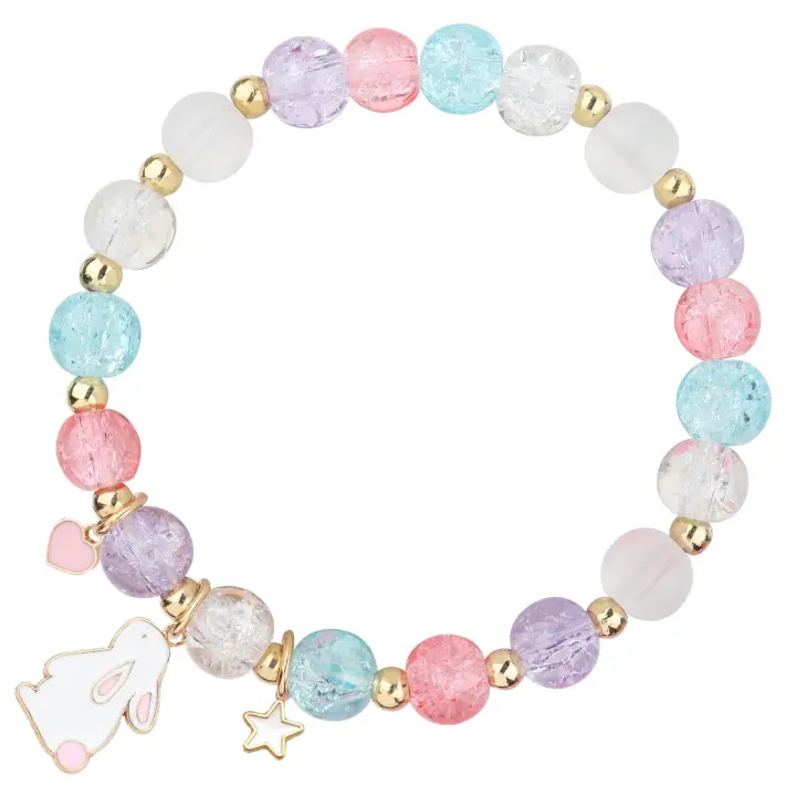Pulsera de Cuentas Agrietadas en Púrpura y Rosa - Regalo de Pascua para Adolescentes con Detalles de Conejo y Cuentas Doradas - 1