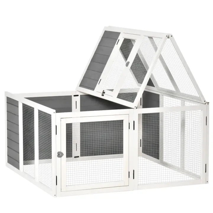 PawHut Conejera con recinto exterior Jaula para conejos, recinto para animales pequeños, techo abatible, suelo elevado con claraboya, conejera para cobayas, conejera para animales pequeños, madera de abeto, metal, gris, 120 x 120 x 60 cm - 1