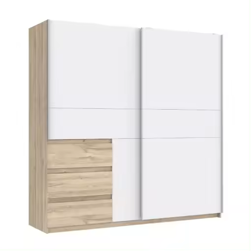 Armario Ropero 2 Puertas Correderas 200 Cm Colette, Con Cajonera Integrada Desde Exterior, En Blanco Y Roble - 1