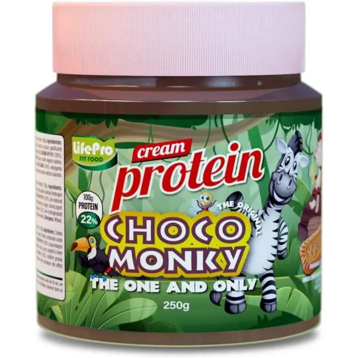 LIFE PRO FITFOOD PROTEIN CREAM CHOCO MONKY 250G | Crema HiperProteica Sabor Barritas de la Infancia | 22% de Proteína | Fácil de Untar - 1
