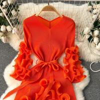 Vestido Elegante De Mujer 2024 Pleated Miyak Primavera Otoño V-Neck Suéter Beaded Exquisito Cinturón A-Line Midi Vintage Polyester - details 26