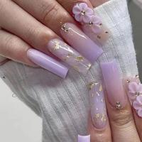 Juego De 24 Uñas Postizas Con Diseño De Flor Y Forma De Coffin Largas Ballerina Frases Francesas Acrílicas Cubiertas Por Encima Para Uñas Artísticas - details 18