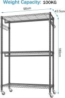 Perchero Metálico con Ruedas y 3 Niveles – 90 x 43,5 x 180 cm | Soporta hasta 100 kg | Estructura de Acero de 22 mm | Con Ganchos Laterales para Accesorios (NEGRO) - details 2