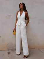 Conjunto De Traje Para Mujer TRAF Con Cuello Colgante Y Chaqueta De Botones Estilo Inglés Pantalones De Cintura Alta Casual - details 3