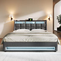 Cama tapizada con USB 140x200 cm, Cama Doble LED, somier de metal, somier de Material de Lino Cama Juvenil (sin colchón) - details 0
