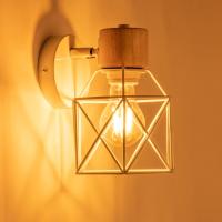 Juego de 2 apliques Industriales, Diseño de jaula de metal, lámpara de pantalla de Madera, decoración ajustable15 cm (Blanco) - details 1
