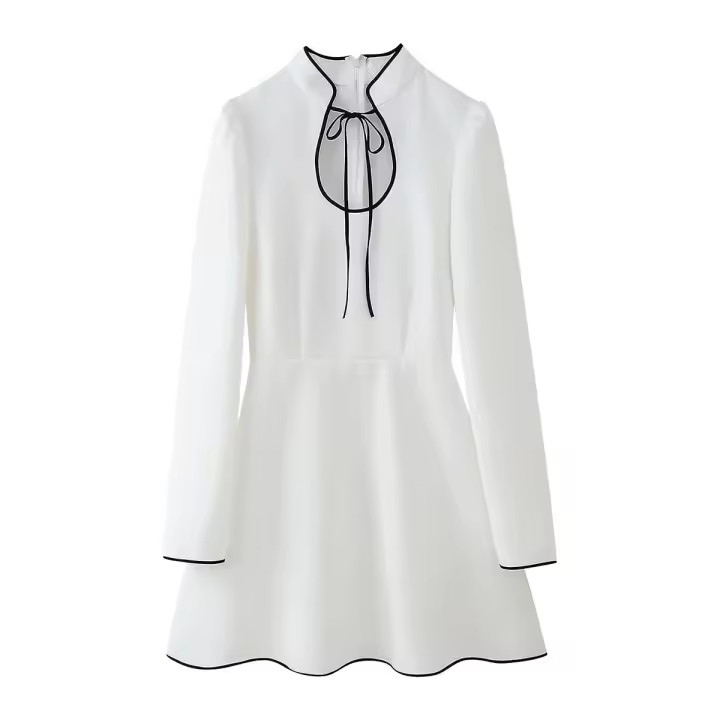 Women Lace Up Stand Collar White Mini Dress Long Sleeve Elegant Party Vintage Dresses  Classic Hollow Out Female Vestidos - 1