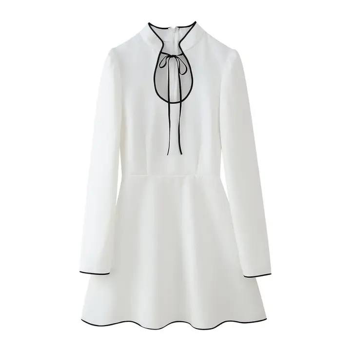 Mini vestido blanco con cordones y cuello levantado para mujer, Vestidos elegantes de manga larga para fiesta, Vestidos clásicos calados para mujer - 1