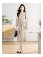 EVNISI Vestido Elegante Para Mujer En Caqui Con Cuello V Y Botones Slim Para Oficina Manga Larga A-line Casual Para Fiesta - details 3