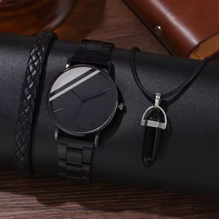 Reloj De Cuero Minimalista Y Moda Para Hombre 3PCS Set Con Reloj De Cuarzo Negocio Casual Sin Resistencia Al Agua - 1