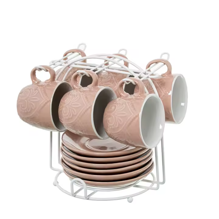 Set 6 tazas cafe con plato ceramica color rosa con soporte metal taza: 89ml 6, 5x5, 5cm plato: 12 - 1