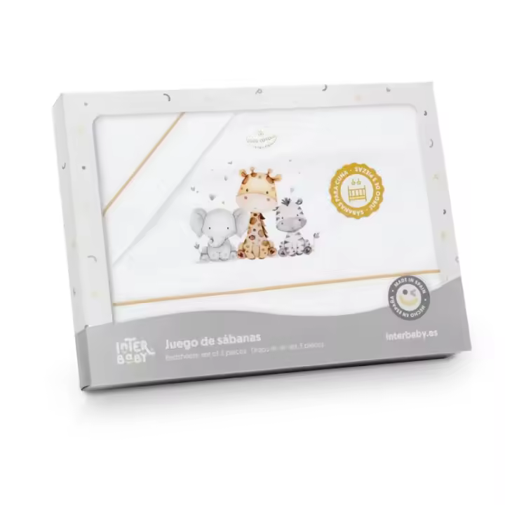 Sábanas Minicuna 100% Algodón  50X80 (bajera+encimera+funda almohada) Modelo  Jirafa Elefante Interbaby - 1