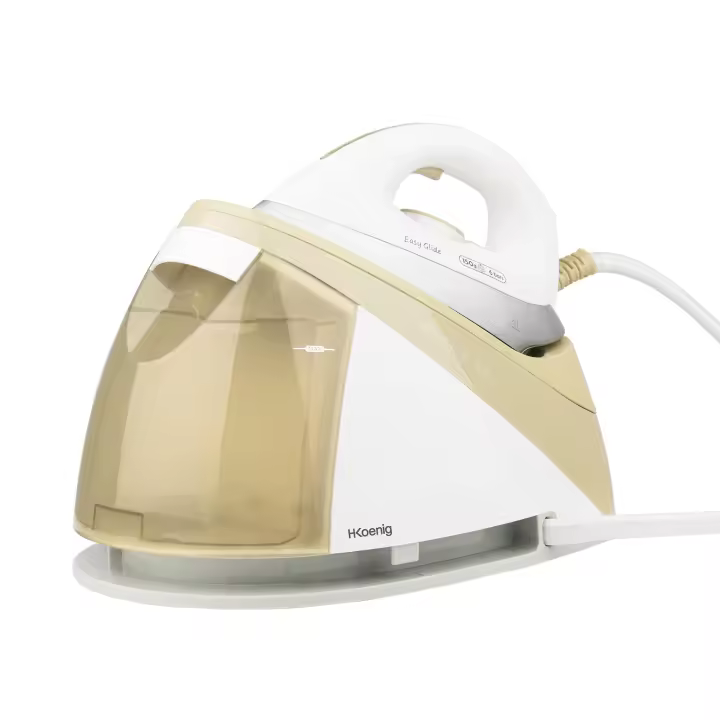 H.Koenig V28 Centro de Planchado, 2400W, 6 Bares, Suela de Cerámica "Easyglide", Autonomía Ilimitada, Depósito de agua extraíble 1.1L, Control Manual de la Temperatura, Blanco/Dorado - 1