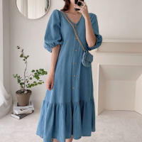 Vestido Maxi Casual ZANZEA Para Mujer De Tela Denim Azul Con Manga Puff Y Cuello V-Neck Estilo Retro Manga Corta Cierre Único Longitud Media-Calf - details 8