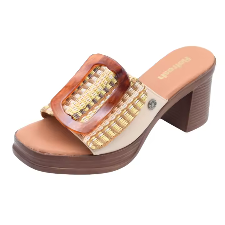 Sandalia Refresh Con Diseño De Pala Ancha Textil Con Hebilla Gigante Y Tacón Grueso Para Mujer Color Beige - 1