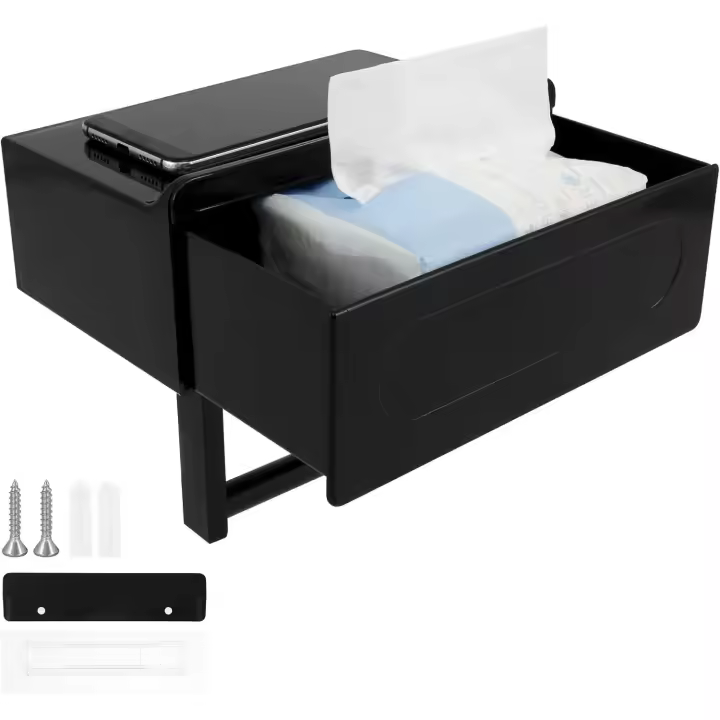 Portarrollos de papel higiénico con estante y cajón de almacenamiento, dispensador de toallitas para baño - 1