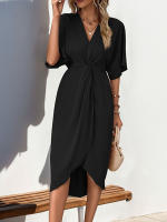 Vestido JIM & NORA 2024 Verano Para Mujer Cintura Alta Elegante Tipo Wrap Cuello En V Midi De Cintura Con Decoración Ruched Estilo Oficina - details 8