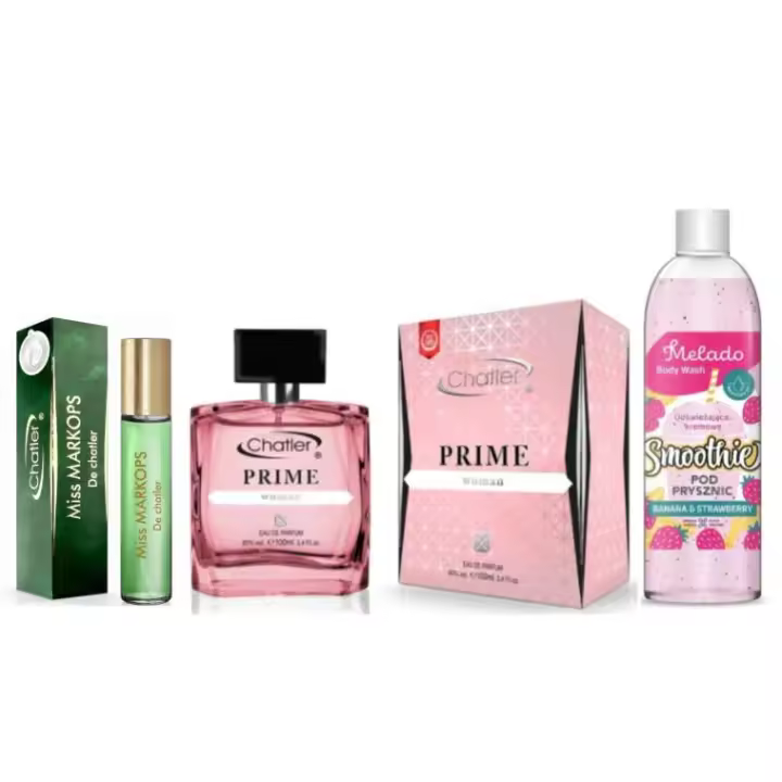 PACK AHORRO SUPERVENTAS PARA MUJER-----PERFUME PRIME 100ML CHATLER, PERFUME MISS MARKOPS 30 ML  Y SMOOTHIE GEL BANANA & STRAWBERRY 500ML-------MARCA CHATLER - 1