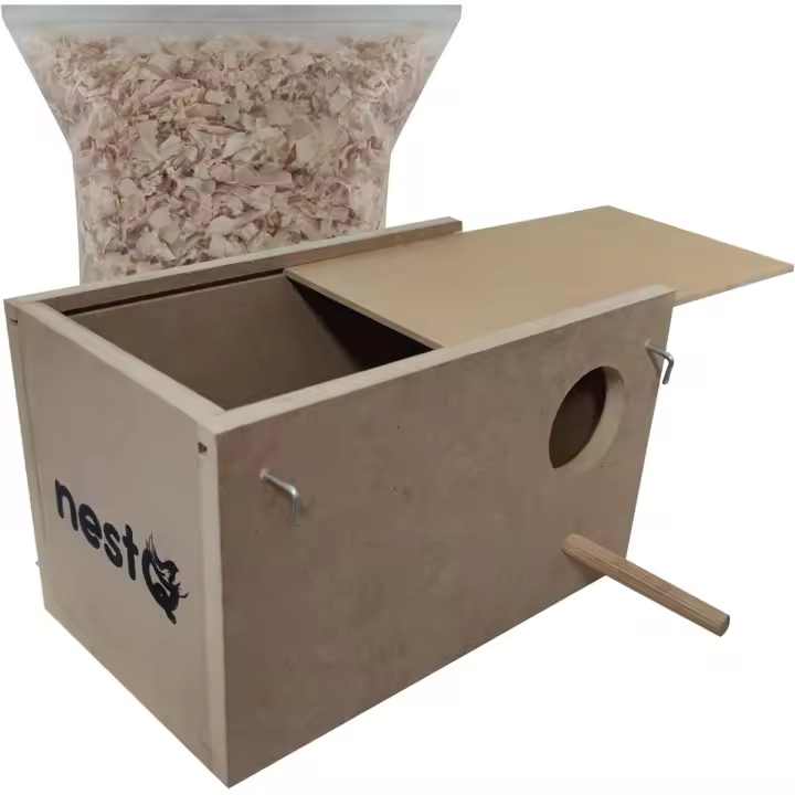 Nido para Agapornis Iseparables nestQ con Viruta para la Cama, Casita de Cría de Madera para Pájaros, con Enganches para la Jaulas de Aves, 22cm x 13.5cm x 13.5cm - 1
