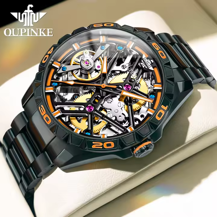 Reloj Mecánico Automático Para Hombre OUPINKE 3196 Acero Inoxidable Negro Luminoso Y Resistente Al Agua De 50M Con Esfera Skeleton Y Correa De Acero Inoxidable - 1