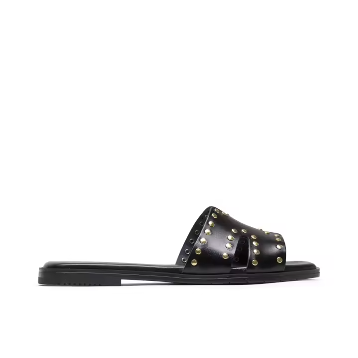 PORRONET SANDALIA PLANA DE PIEL CON TACHUELAS NEGRO VANESA  - SANDALIAS PLANAS VANESA CON PALA EN H DECORADA CON TACHUELAS EN COLOR NEGRO - ELABORADAS EN PIEL -  MÁXIMA COMODIDAD Y CALIDAD - HECHO EN - 1
