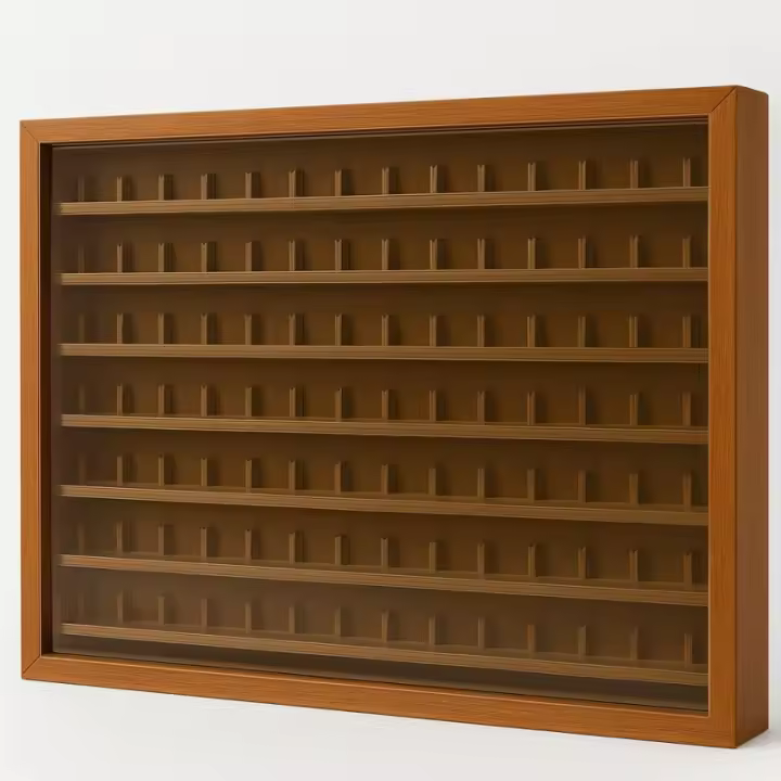 Vitrina colecciones dedales. Capacidad: 98 dedales. Medidas (ancho/fondo/alto): 50*5*40 cms. Acabado Barniz Roble. - 1