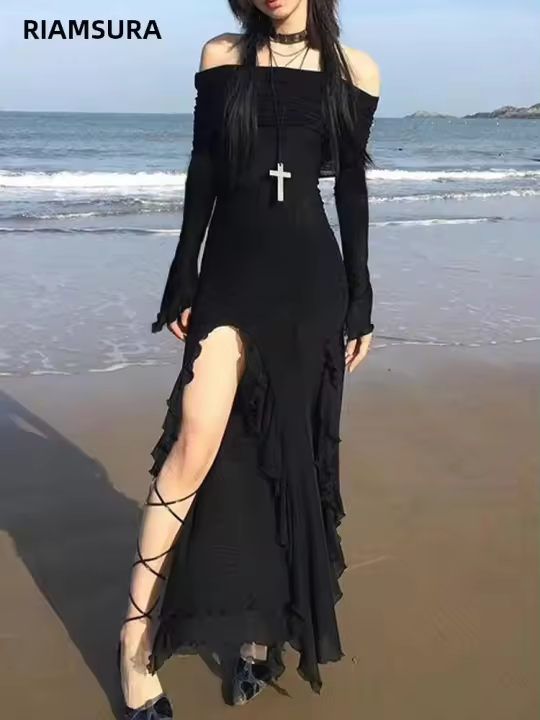 Vestido Largo Elegante Y Moderno IAMSURE Con Volantes Y Abertura En El Costado Estilo Gótico Para Mujer Manga Larga Cuello Abierto Maxi Vestido Para Playa Y Fiestas Navideñas - 1