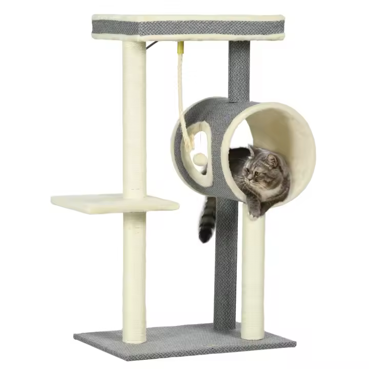 PawHut Rascador para gatos de 104 cm con cueva para gatos, rascador para gatos con pelota de juego, árbol para gatos con 2 zonas de descanso, árbol trepador para gatos de hasta 5 kg, mueble para gatos, sisal, gris - 1