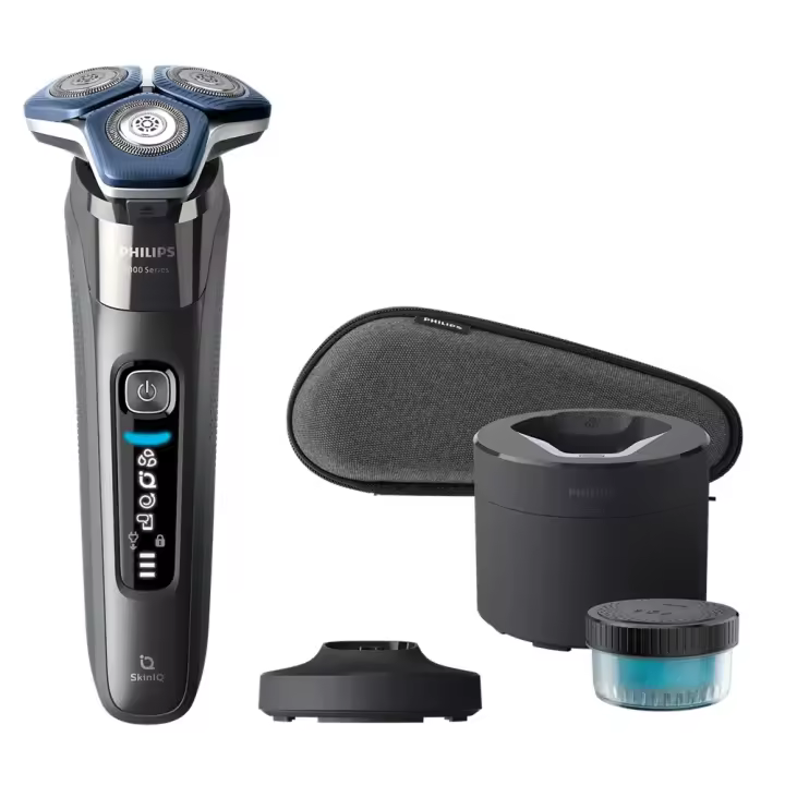 PHILIPS S7887/55 Afeitadora eléctrica Seco y Mojado, Shaver series 7000,  con tecnología SkinIQ, 3 cabezales,  Carga USB, Base Limpieza, filtro, Estuche, 1 hora de uso, color Gris Oscuro - 1