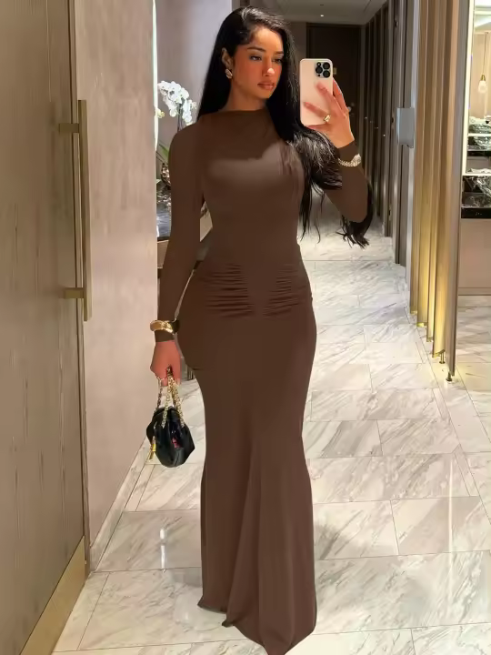 Vestido Largo De Manga Completa Elegante Dulzura Para Mujer Ruched Bodycon Sencillo De Fiesta Noche Y Cocktail Y2K Polyester Spandex - 1