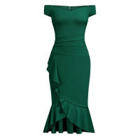 Vestido Elegante Para Mujer De Encaje Con Volante Y Cintura Ajustada Vestido De Fiesta Con Hombros Descubiertos Y Abertura En La Pierna Vestido Clásico De Cintura Alta Y Acolchado - details 18