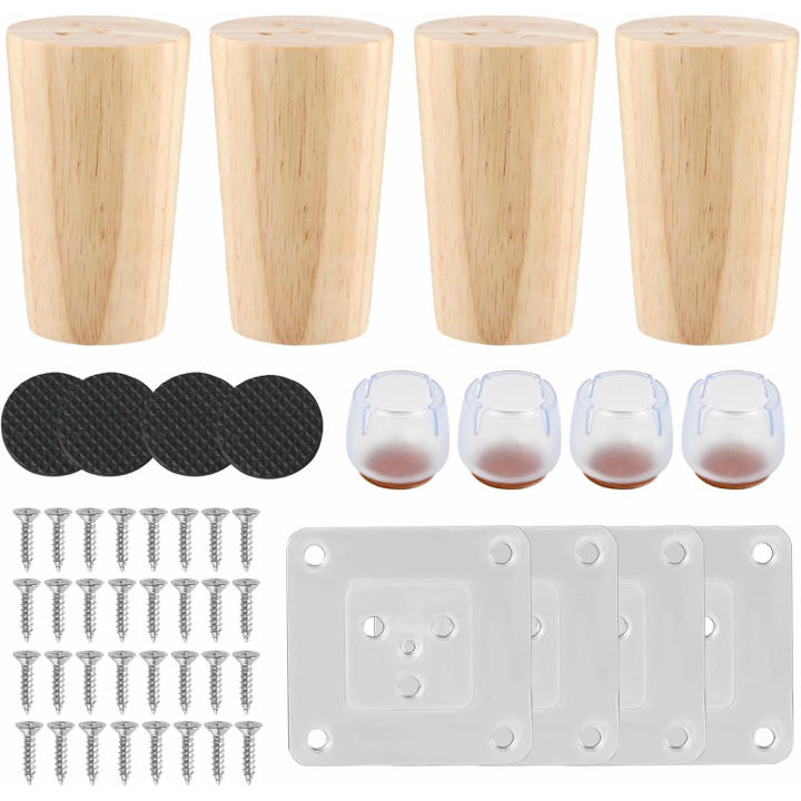 Patas para Mueble de Madera, 4 Piezas Cono Recto de 8 cm, Soporte de Madera Maciza con Placas de Montaje, Tornillos y Protectores Antideslizantes