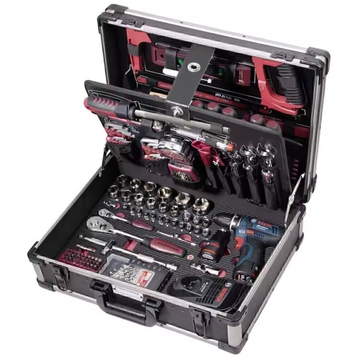 KRAFTWERK Maleta de htas. PRO LINE con taladro/atornillador inalámbrico BOSCH, 1/4"+1/2", 264 pzas. - 1