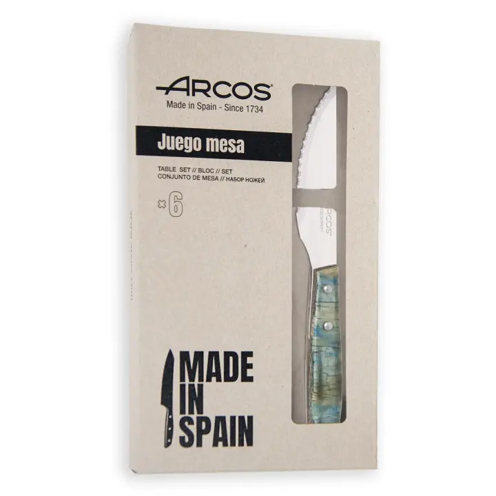 Arcos Serie Cuchillos de Mesa - Juego de Cuchillos Chuleteros 6 piezas - Hoja de Acero Inoxidable NITRUM de 110 mm - Filo Serrado - Mango Madera Comprimida - Color Azul - 1