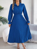 Vestido Largo De Primavera Verano Para Mujer Estilo Casual Color Sólido Cuello Polo Botones Mangas Flares Pliegues Centenares Vestido A-Line - details 14