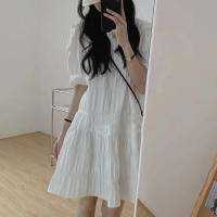 Vestido Blanco De Verano Con Manga Corta Vestido Casual Suelto Plisado Para Mujer Vestido Francés Moda Fiesta Vestido Largo Hasta La Rodilla - details 4