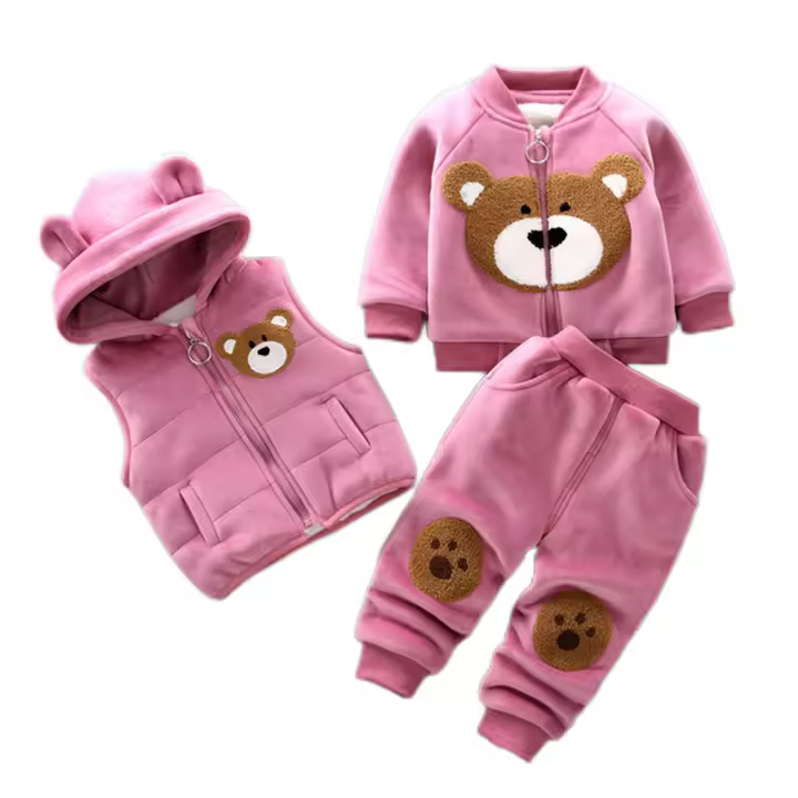 Conjunto De Ropa Para Bebe Invierno Con Chaqueta De Peluche Gruesa Vestido De Oso De Dibujos Animados Pantalones Y Chaleco 3Pcs Ropa Deportiva De Algodón Para Niñas Y Niños Caliente - 1