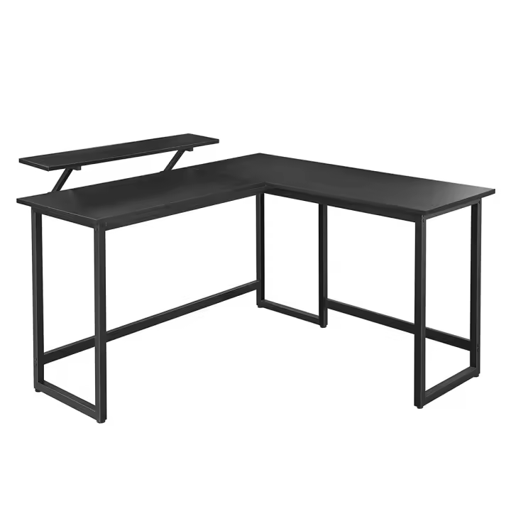 Escritorio con soporte de monitor, en forma de L, ideal para oficina, estudio y juegos, pies ajustables, marco de metal, montaje fácil, disponible en marrón rústico o negro - 1