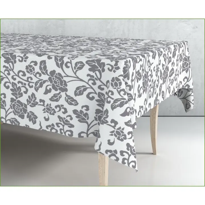 Mantel de hule estampado por metros - Hojas ramas plateado blanco 43302-1    mantel por metros; manteles; mantel barato; mantel jardín - 1