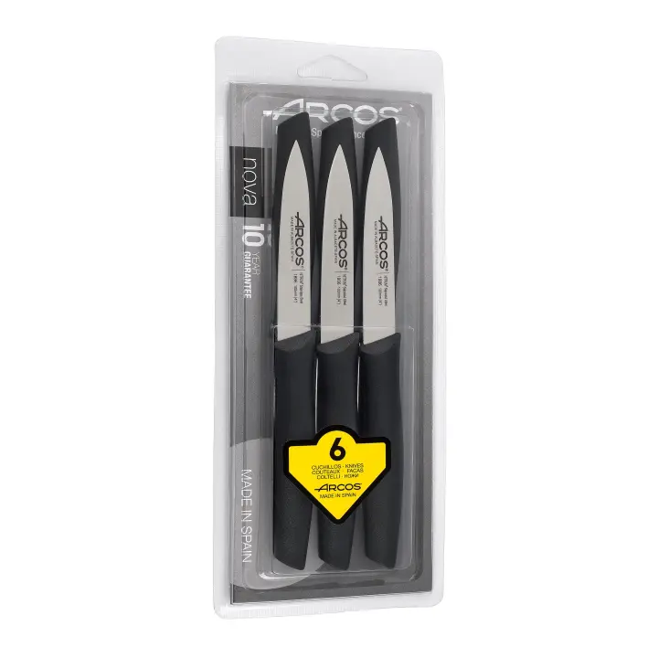 ARCOS Juego de 6 Cuchillos Mondadores con Hoja de 100mm en Acero Inoxidable y Mango de Polipropileno. Set de Cuchillos de cocina para Pelar Apto para Lavavajillas. Serie Nova. Color Negro - 1