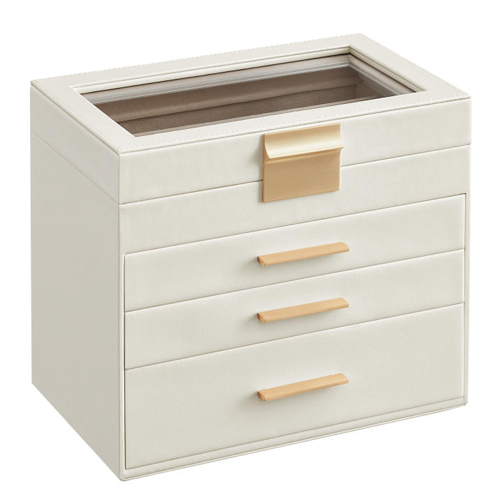 SONGMICS Caja de Joyas, Caja Joyero con 4 Niveles, Estuche para Joyería con Tapa de Cristal, 3 Cajones, para Gafas de Sol, Joyas Grandes, Moderno, Blanco Nube y Dorado/Gris y Dorado/Negro Grafito y Dorado/Verde Bosque y Dorado, Regalo de Navidad