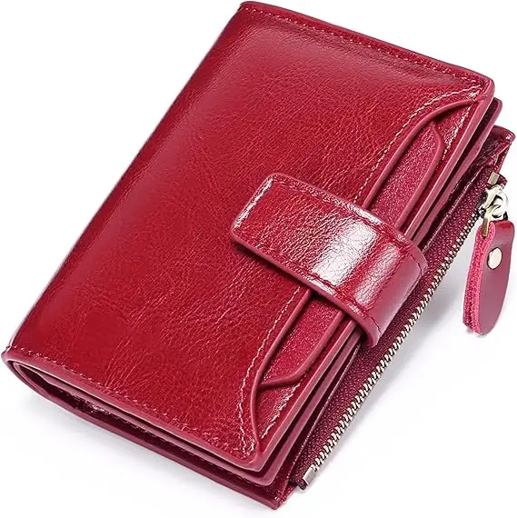 Monedero pequeño y compacto de cuero con bloqueo RFID para mujer, con bolsillo con cremallera y ventana para identificación - 1