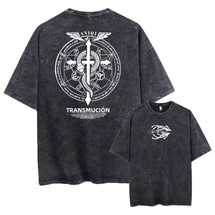 Camiseta De Anime Fullmetal Alchemist Ácido Para Hombres Estilo Retro Harajuku Moda Casual Manga Corta Unisex Top Protección Solar - 1