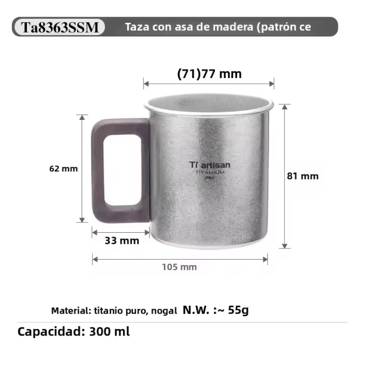 Taza De Café De Titanio Puro Tiartisan Para Exteriores Con Mango De Nogal Mate Antideslizante Y Anti-escaldón Capacidades De 300ml Y 450ml Para Camping - 1